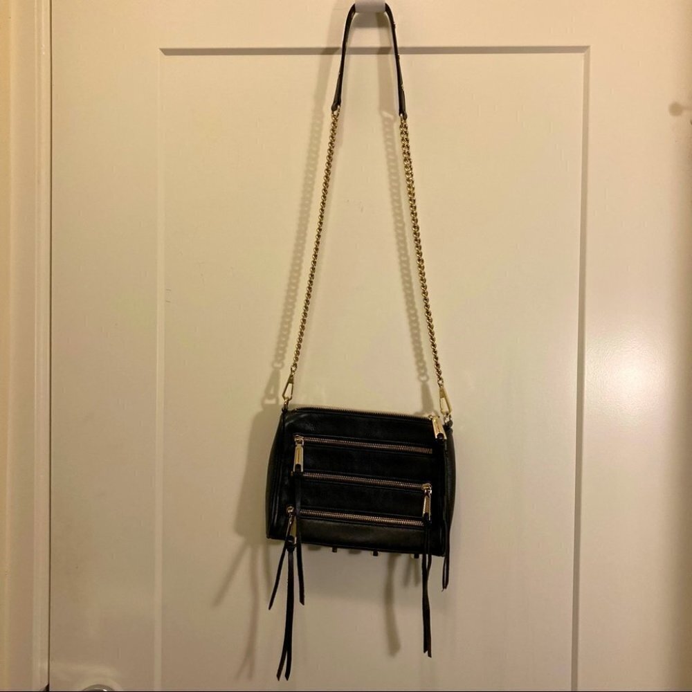 REBECCA MINKOFF Crossbody Leather Chain Accent Multiple Zippers Fringe Purse Bag